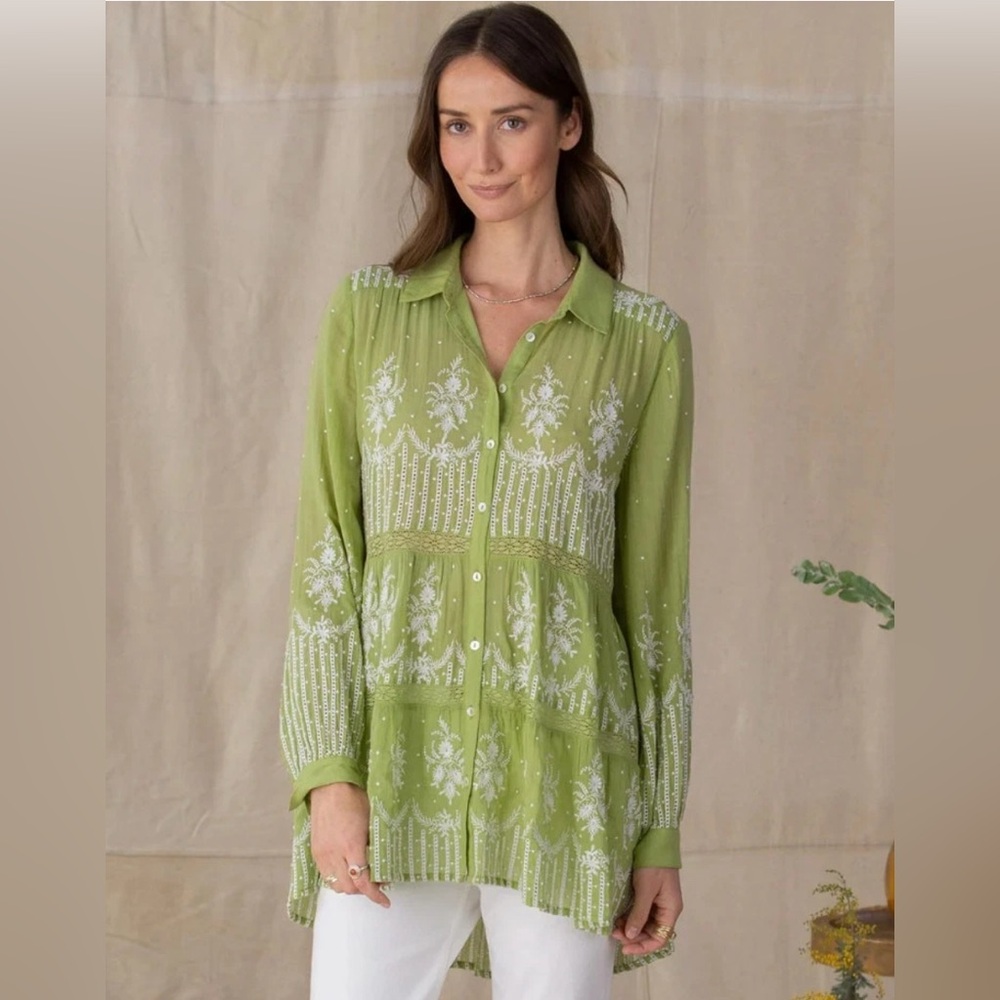 SUNDANCE Royal Riviera Tunic Fern Green White Embroidered Top Large